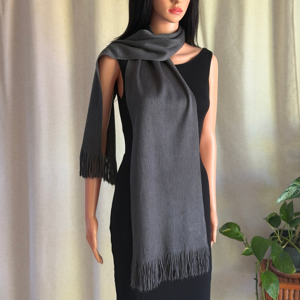 Vtg 90s Echo Soft Charcoal Gray Knit Fringe Scarf Wrap Minimalist Dark Academia